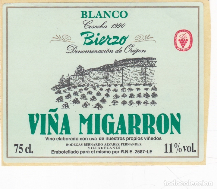 Etichette antiche: Etiquetas vinos. Vi&ntilde;a Migarron. Blanco 1990. Bodegas Bernardo Alvarez Fernandez. Villadecanes