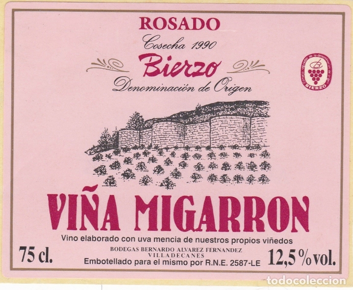 Etichette antiche: Etiquetas vinos. Vi&ntilde;a Migarron. Rosado 1990. Bodegas Bernardo Alvarez Fernandez. Villadecanes