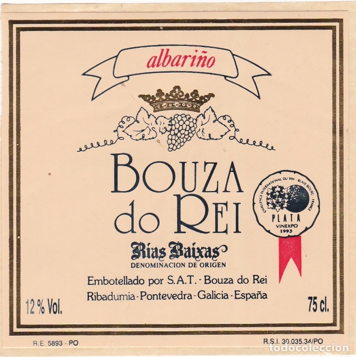 Etichette antiche: Etiquetas vinos. Bouza do Rei. Albari&ntilde;o. S.A.T. Bouza do Rei. Vinexpo plata 1993. Pontevedra. Espa&ntilde;a