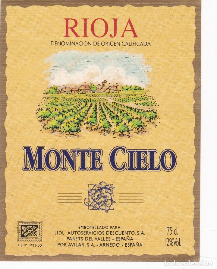 Etichette antiche: Etiquetas vinos. Monte Cielo.Rioja.Embotellado para Lidl supermercados descuento S.A. Arnedo. Espa&ntilde;a
