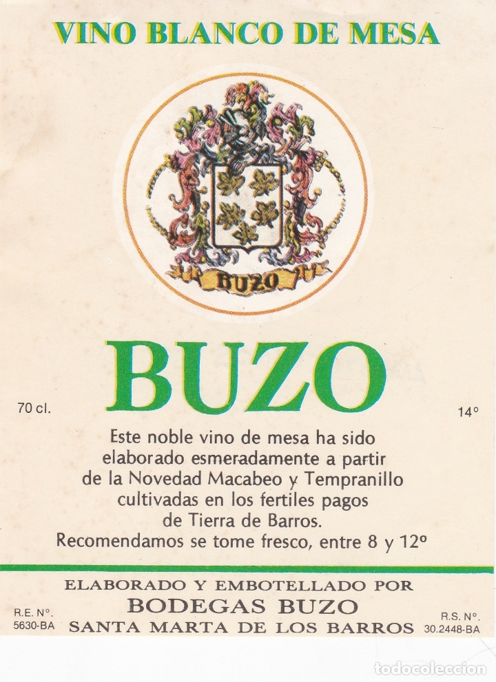 Etichette antiche: Etiquetas vinos. Buzo. Vino blanco de mesa. Bodegas Buzo. Santa Marta de los Barros