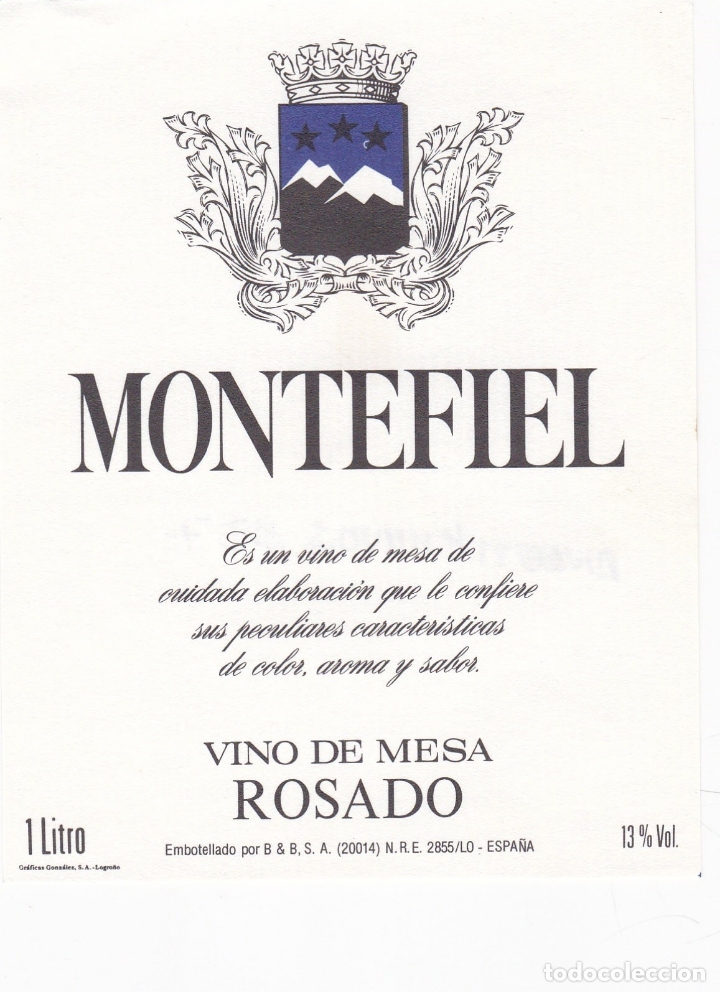 Etichette antiche: Etiquetas vinos. Montefiel. Rosado. Embotellado por Cevisa. Betanzos. Espa&ntilde;a