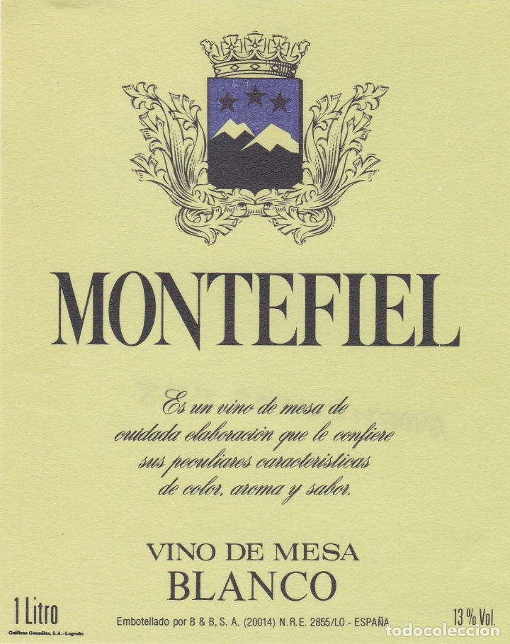 Etichette antiche: Etiquetas vinos. Montefiel. Blanco. Embotellado por B&B S.A. Espa&ntilde;a
