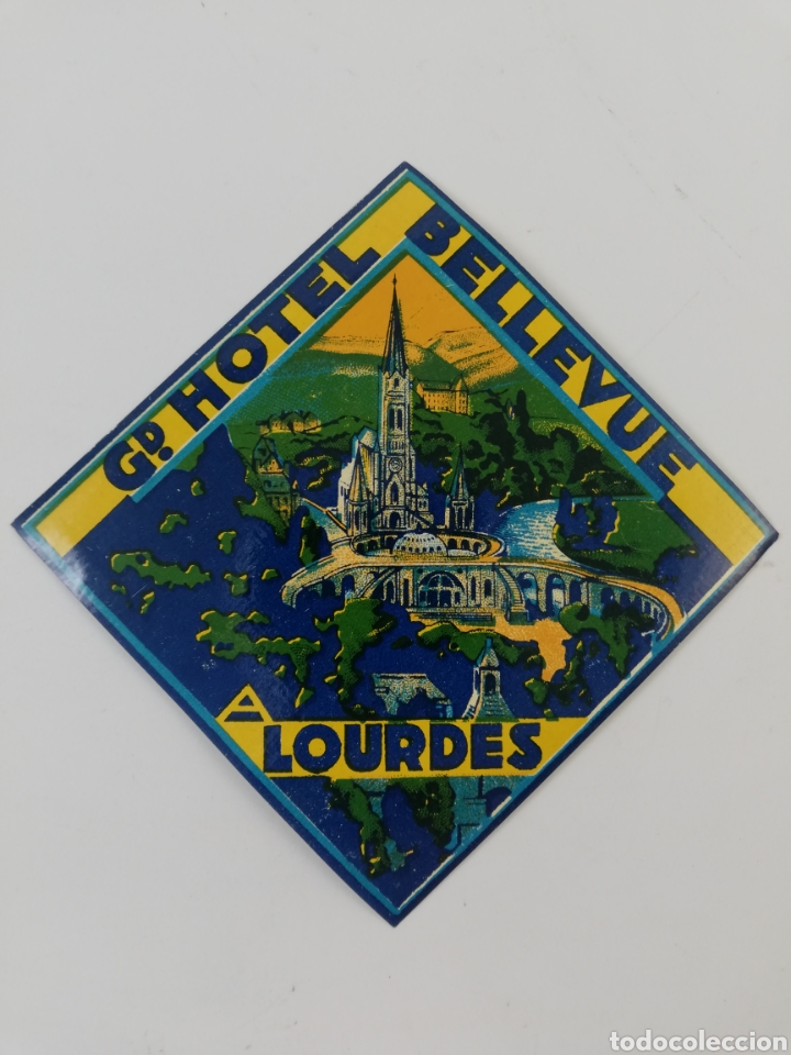 Etiquetas antiguas: ETIQUETA GRAND HOTEL BELLEVUE, LOURDES FRANCIA, LUGGAGE LABEL.