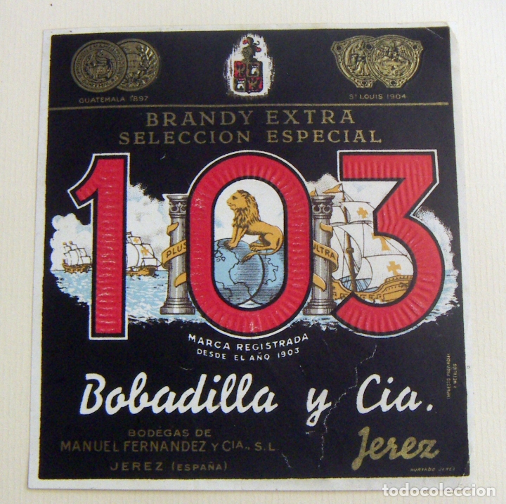 Etiquetas antiguas: ETIQUETA BRANDY EXTRA 103 ETIQUETA NEGRA - BOBADILLA Y CIA - JEREZ SIN PEGAR