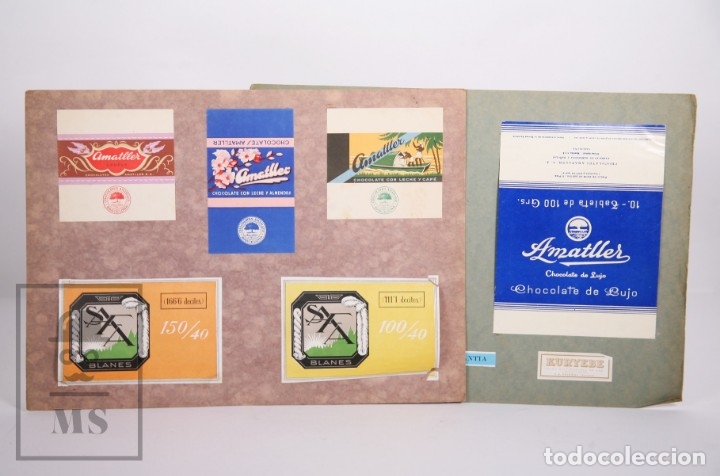 Etiquetas antiguas: Conjunto de 12 Etiquetas Publicitarias - Chocolate Amatller, Ginebra La Ganga y Safa, Blanes