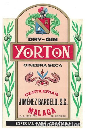 Etiquetas antiguas: ETIQUETA DRY GIN YORTON GINEBRA SECA, DESTILERIAS JIMENEZ BARCELO, S.C. - MALAGA - ET-1701,10
