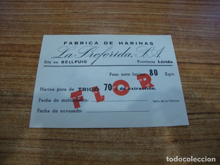 Etiquetas antiguas: (ALB-TC-102) ETIQUETA FABRICA DE HARINAS LA PREFERIDA BELLPUIG
