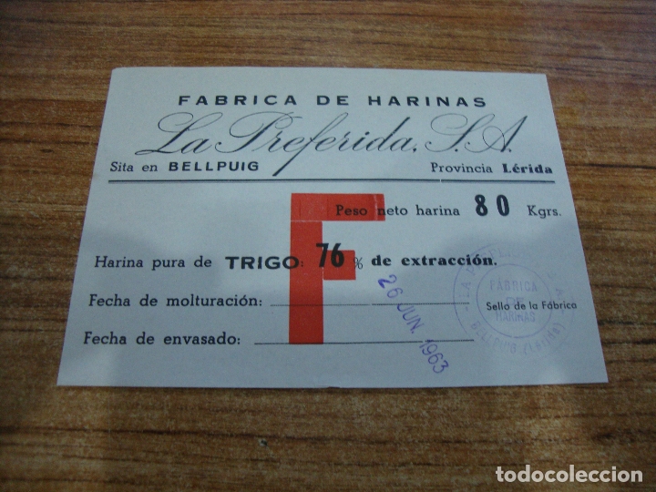 Etiquetas antiguas: (ALB-TC-102) ETIQUETA FABRICA DE HARINAS LA PREFERIDA BELLPUIG