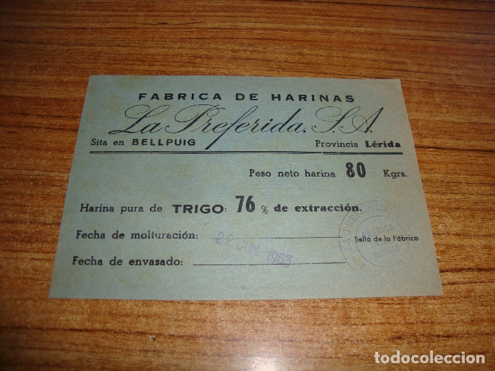 Etiquetas antiguas: (ALB-TC-102) ETIQUETA FABRICA DE HARINAS LA PREFERIDA BELLPUIG