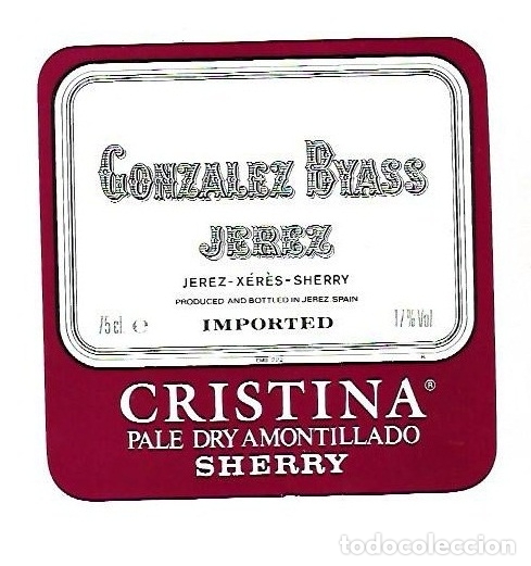 Old Labels: ETIQUETA DE VINO. GONZALEZ BYASS. ELEGANTE. CRISTINA PALE DRY AMONTILLADO SHERRY
