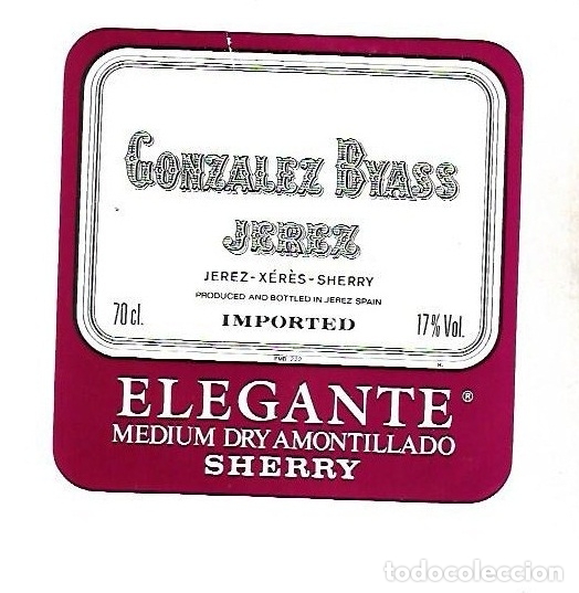Old Labels: ETIQUETA DE VINO. GONZALEZ BYASS. ELEGANTE MEDIUM DRY AMONTILLADO SHERRY