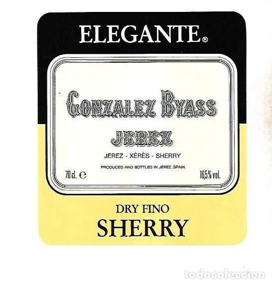 Old Labels: ETIQUETA DE VINO. GONZALEZ BYASS JEREZ. ELEGANTE. DRY FINO SHERRY