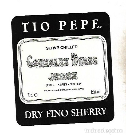 Old Labels: ETIQUETA DE VINO. GONZALEZ BYASS. TIO PEPE. DRY FINO SHERRY