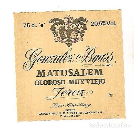 Old Labels: ETIQUETA DE VINO. GONZALEZ BYASS. MATUSALEM OLOROSO MUY VIEJO JEREZ