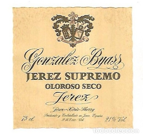 Old Labels: ETIQUETA DE VINO. GONZALEZ BYASS. JEREZ SUPREMO OLOROSO SECO JEREZ