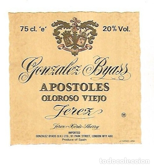 Old Labels: ETIQUETA DE VINO. GONZALEZ BYASS. APOSTOLES OLOROSO VIEJO JEREZ