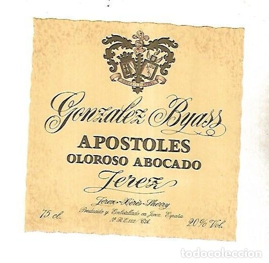 Old Labels: ETIQUETA DE VINO. GONZALEZ BYASS. APOSTOLES OLOROSO ABOCADO JEREZ