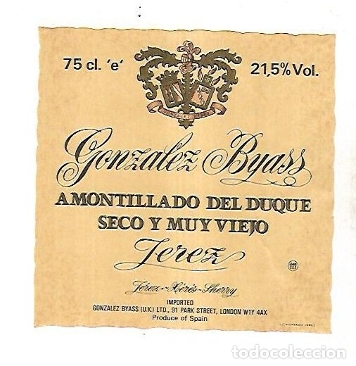 Old Labels: ETIQUETA DE VINO. GONZALEZ BYASS. AMONTILLADO DEL DUQUE SECO Y MUY VIEJO JEREZ