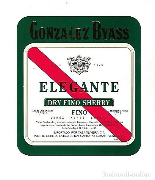 Old Labels: ETIQUETA DE VINO. GONZALEZ BYASS. ELEGANTE DRY FINO SHERRY FINO