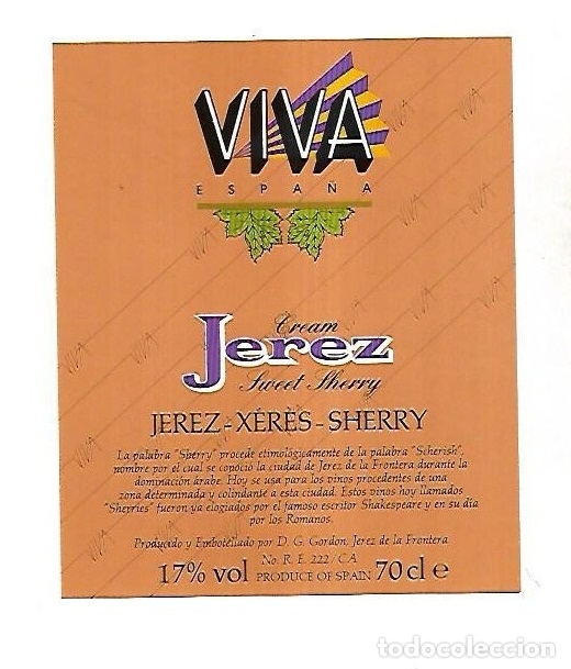 Old Labels: ETIQUETA DE VINO. VIVA ESPA&Ntilde;A. CREAM JEREZ SWEET SHERRY