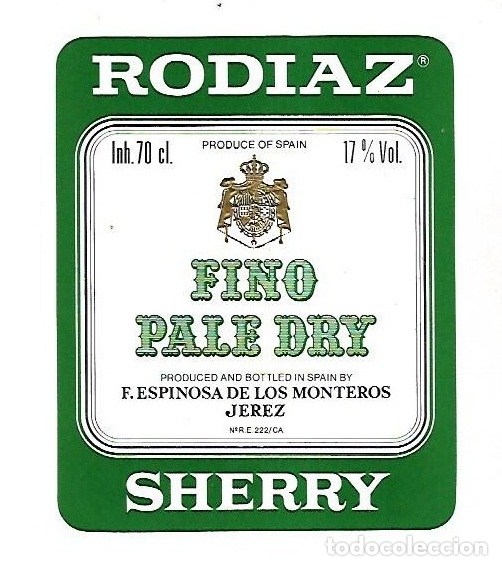 Old Labels: ETIQUETA DE VINO. RODIAZ SHERRY. FINO PALE DRY