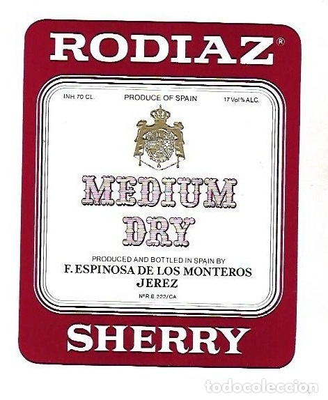 Old Labels: ETIQUETA DE VINO. RODIAZ SHERRY. MEDIUM DRY