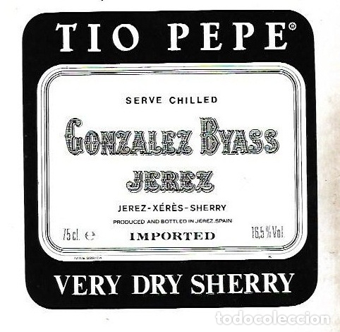 Old Labels: ETIQUETA DE VINO. GONZALEZ BYASS. TIO PEPE. VERY DRY SHERRY