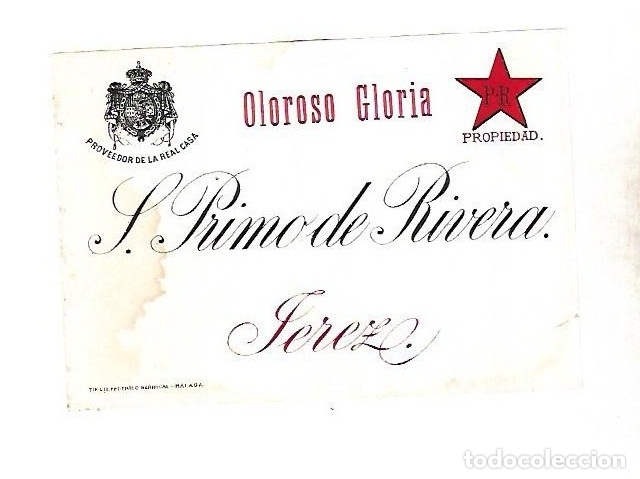 Old Labels: ETIQUETA DE VINO. OLOROSO GLORIA. S.PRIMO DE RIVERA. JEREZ