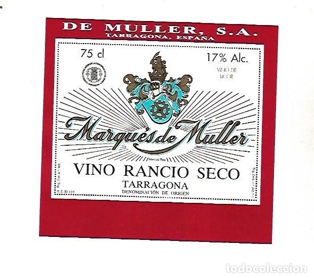 Old Labels: ETIQUETA DE VINO. MARQUES DE MULLER. VINO RANCIO SECO. TARRAGONA