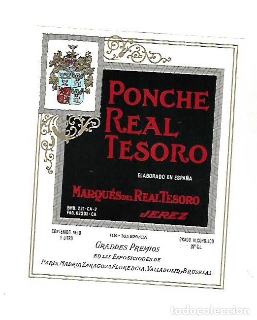 Alte Etiketten: ETIQUETA DE VINO. MARQUES DEL REAL TESORO. PONCHE REAL TESORO
