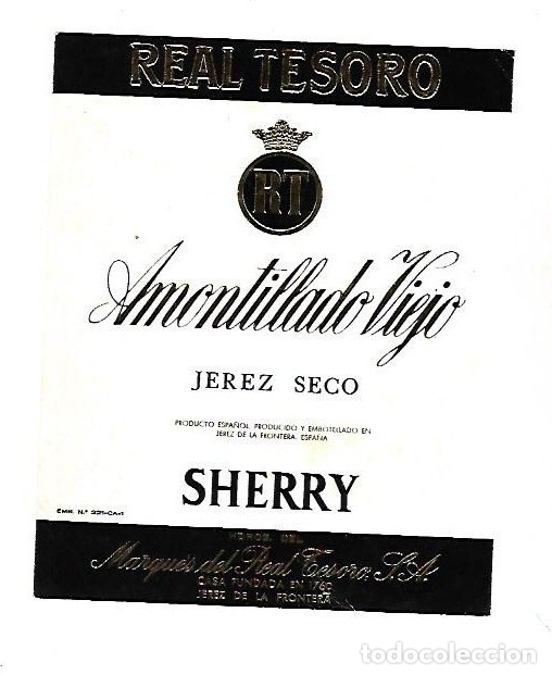 Alte Etiketten: ETIQUETA DE VINO. REAL TESORO. AMONTILLADO VIEJO. SHERRY