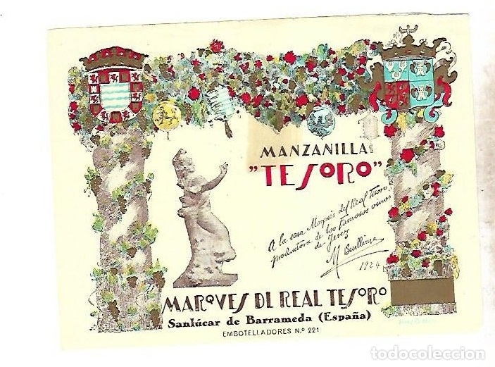 Alte Etiketten: ETIQUETA DE VINO. MANZANILLA. TESORO. MARQUES DEL REAL TESORO