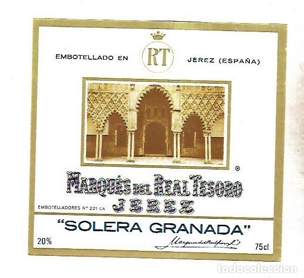 Alte Etiketten: ETIQUETA DE VINO. MARQUES DEL REAL TESORO. SOLERA GRANADA