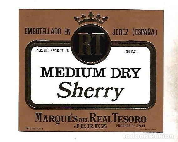 Alte Etiketten: ETIQUETA DE VINO. RT. MEDIUM DRY. MARQUES DEL REAL TESORO