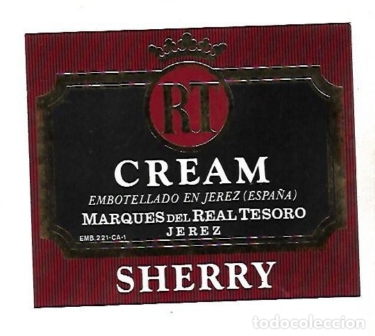 Alte Etiketten: ETIQUETA DE VINO. RT. CREAM. SHERRY. MARQUES DEL REAL TESORO
