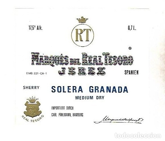 Alte Etiketten: ETIQUETA DE VINO. RT. MARQUES DEL REAL TESORO. JEREZ. SOLERA GRANADA