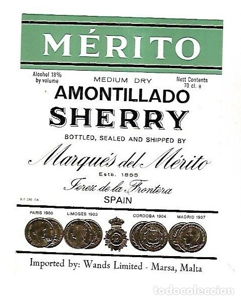 Alte Etiketten: ETIQUETA DE VINO. MERITO. AMONTILLADO SHERRY. MARQUES DEL MERITO. JEREZ DE LA FRONTERA