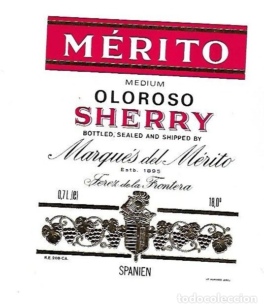 Old Labels: ETIQUETA DE VINO. MERITO. MEDIUM OLOROSO SHERRY. MARQUES DEL MERITO. JEREZ