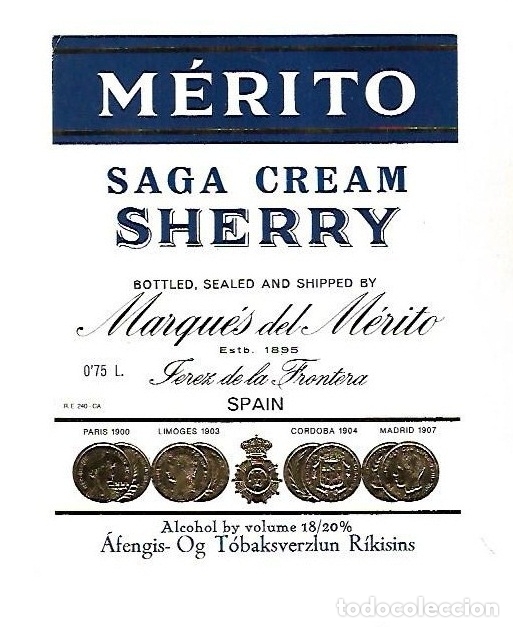 Old Labels: ETIQUETA DE VINO. MERITO. SAGA CREAM SHERRY. MARQUES DEL MERITO. JEREZ DE LA FRONTERA