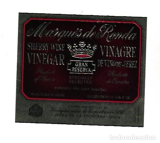 Old Labels: ETIQUETA DE VINO. MARQUES DE RONDA. VINAGRE DE VINO DE JEREZ. GRAN RESERVA