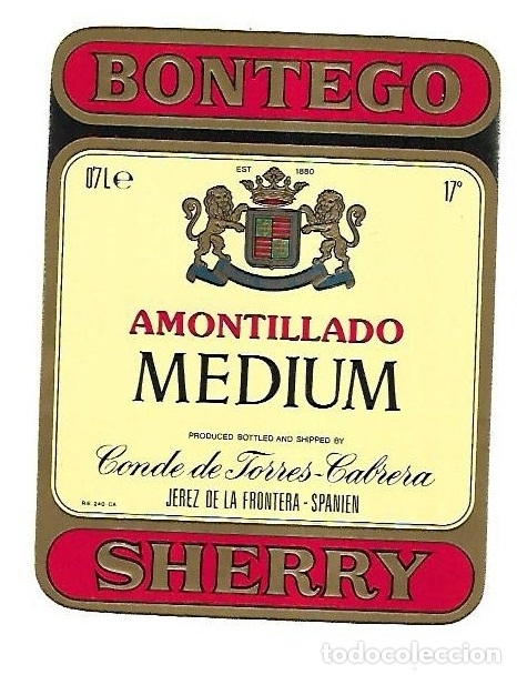 Old Labels: ETIQUETA DE VINO. BONTEGO SHERRY. AMONTILLADO MEDIUM. CONDE DE TORRES-CABRERA.