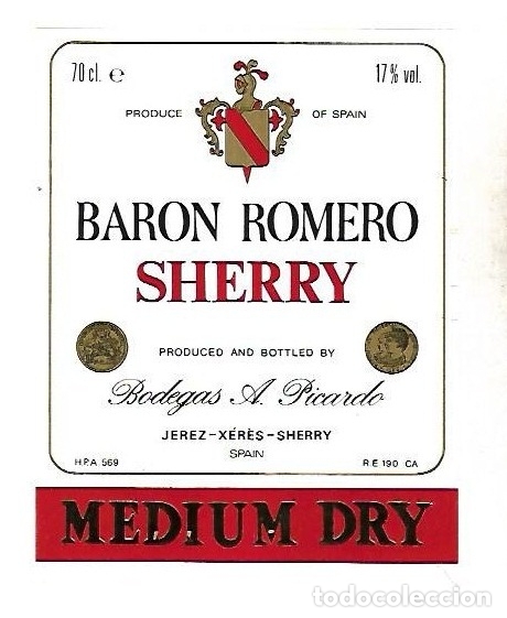 Old Labels: ETIQUETA DE VINO. BARON ROMERO SHERRY. BODEGAS A. PICARDO. MEDIUM DRY