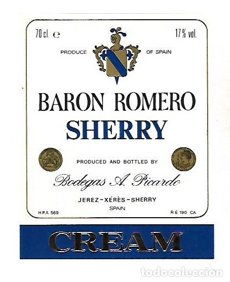 Old Labels: ETIQUETA DE VINO. BARON ROMERO SHERRY. BODEGAS A. PICARDO. CREAM