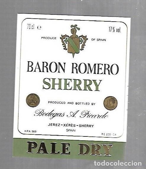 Old Labels: ETIQUETA DE VINO. BARON ROMERO SHERRY. BODEGAS A. PICARDO. PALE DRY