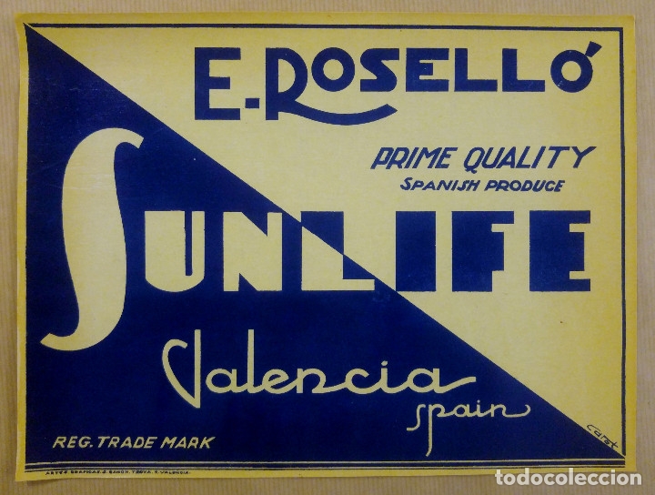 Etiquetas antiguas: ETIQUETA NARANJA A&Ntilde;OS 50 . E. ROSELLO, PRIME QUALITY, SUNLIFE, CARCAGENTE, , VALENCIA
