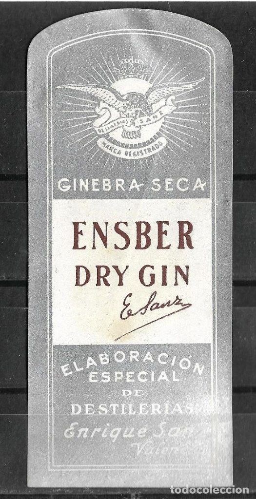 Etiquetas antiguas: 25-ANTIGUA ETIQUETA- GINEBRA SECA ENSBER DRY GIN - ENRIQUE SANZ VALENCIA RARA