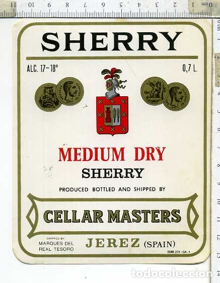 Etiquetas antiguas: ETIQUETA DE VINO SHERRY MEDIUM DRY SHERRY  CELLAR MASERS JEREZ DE LA FRONTERA