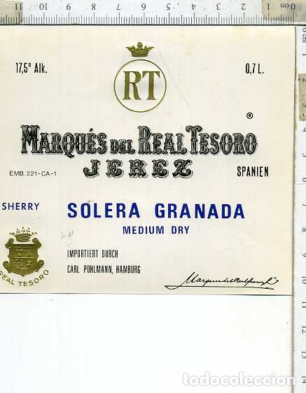 Etiquetas antiguas: ETIQUETA DE VINO SOLERA GRANADA MARQUES DEL REAL TESORO JEREZ DE LA FRONTERA