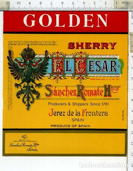 Etiquetas antiguas: ETIQUETA DE VINO GOLDEN SHERRY  EL CESAR  SANCHEZ ROMATE HNOS.  JEREZ DE LA FRONTERA